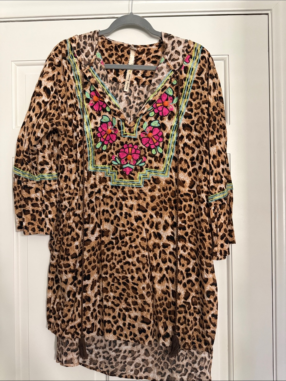 Uncle Frank Leopard Print Tunic with Pink & Green Embroidery